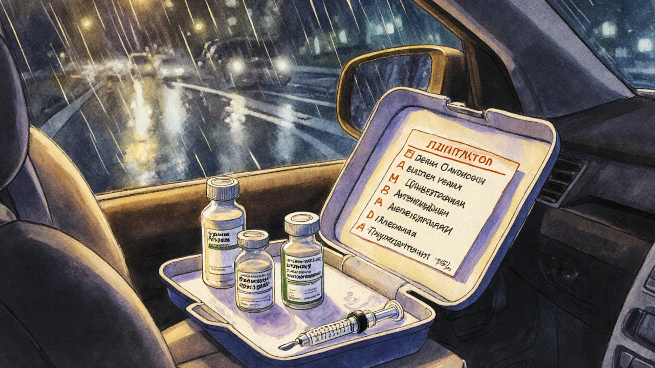 Открытая аптечка в машине с ключевыми лекарствами для экстренных случаев: глюкоза, антигистаминное, нитроглицерин и инструкция на русском языке.