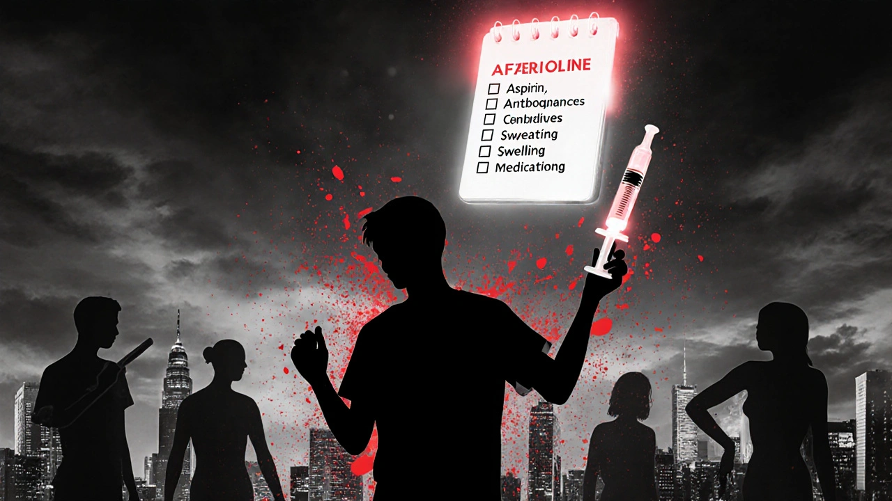 Силуэт человека с адреналиновой инъекцией, вокруг него разрушаются опасные лекарства, над ним — светящиеся симптомы анафилаксии.
