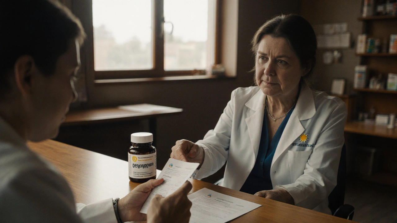 Фармацевт передает пациенту новые лекарства: один вызывает туман, другой — ясность, в клинике светло и спокойно.