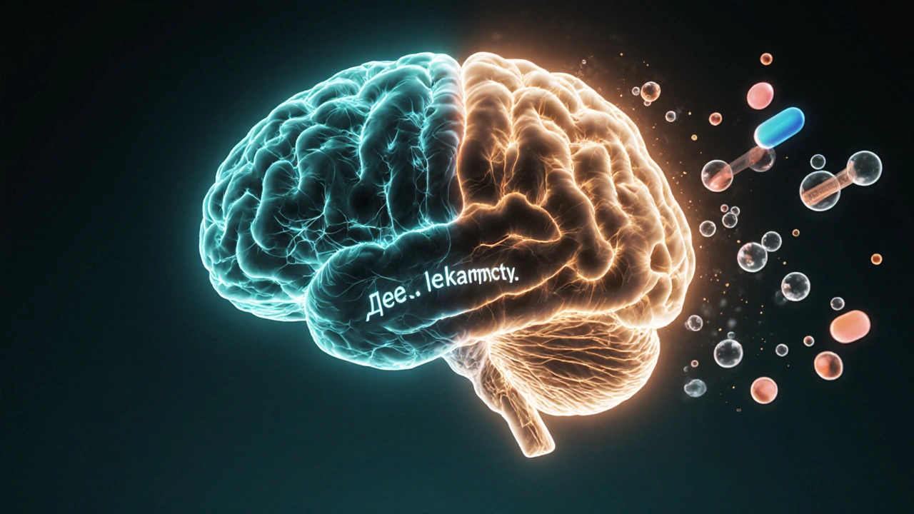 Мозг разделен: одна половина активна, другая замедлена — символизирует влияние антигистаминов на когнитивные функции.