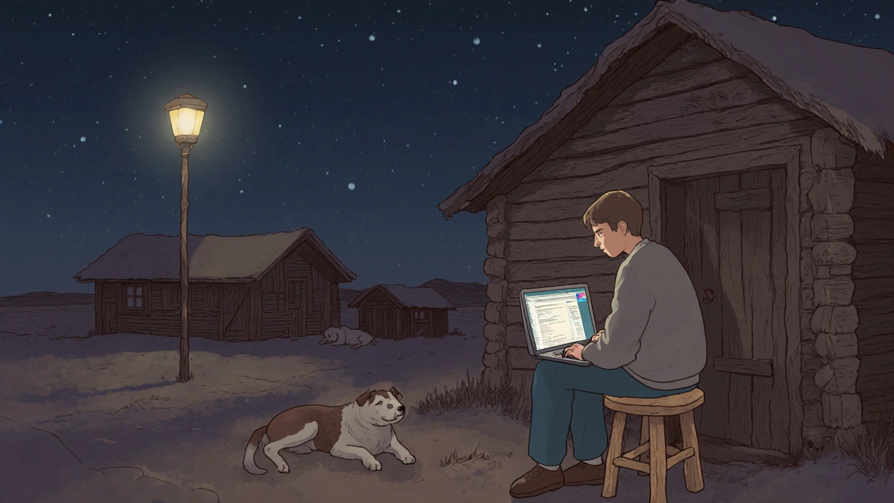 Человек учится онлайн в сибирской деревне при свете ночного неба.