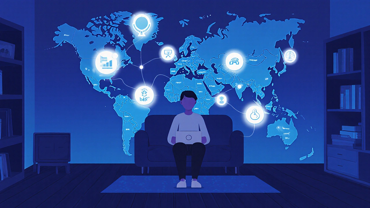 Человек в маленьком городе получает доступ к онлайн-курсам и удалённой работе через экран.