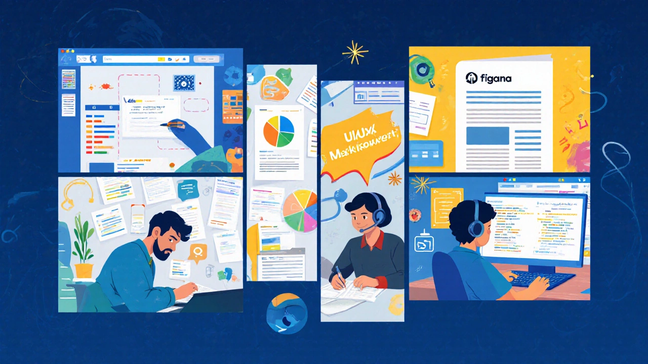 Коллаж, показывающий пять простых IT‑профессий: тестировщик с Jira, технический писатель, UI/UX‑дизайнер, специалист техподдержки и начинающий системный администратор.