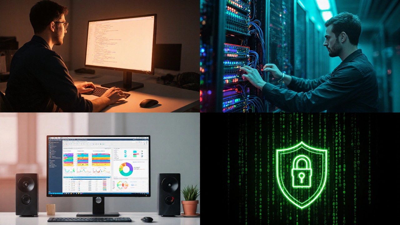 Коллаж с программированием, сетями, аналитикой и кибербезопасностью.