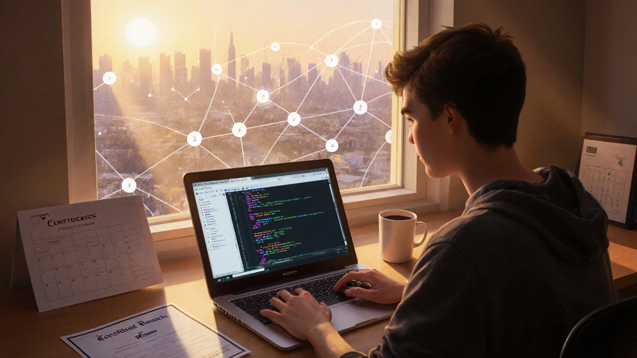 Новичок за компьютером, изучающий онлайн‑курсы и создающий проект.