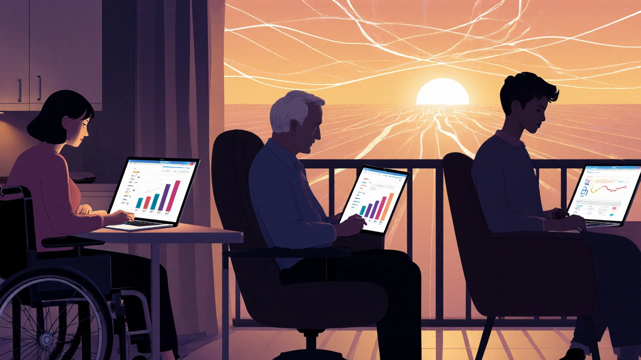 Разные люди учатся онлайн в тихих моментах дня, символизируя дисциплину и рост.