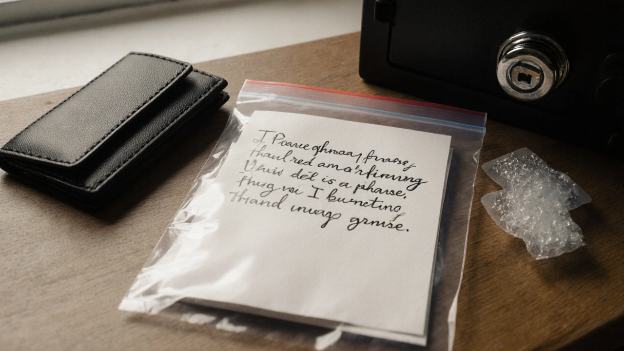 Рукописная резервная фраза для биткоин-кошелька в герметичном пакете рядом с сейфом.