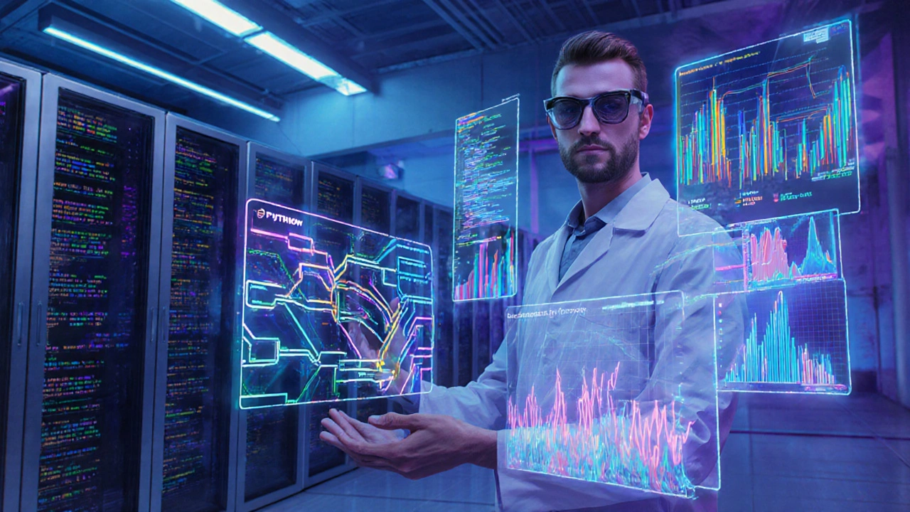 Специалист по Data Science работает с голографическими экранами кода и моделей.