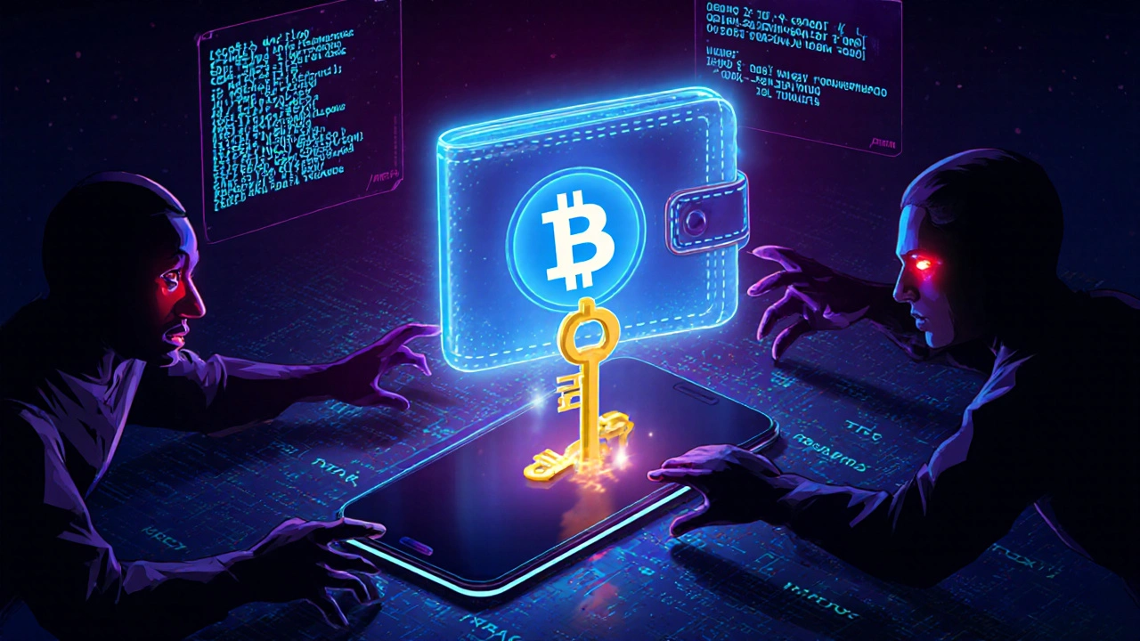 Светящийся кошелек биткоина с золотым ключом, защищенный от теней мошенников в цифровом пространстве.