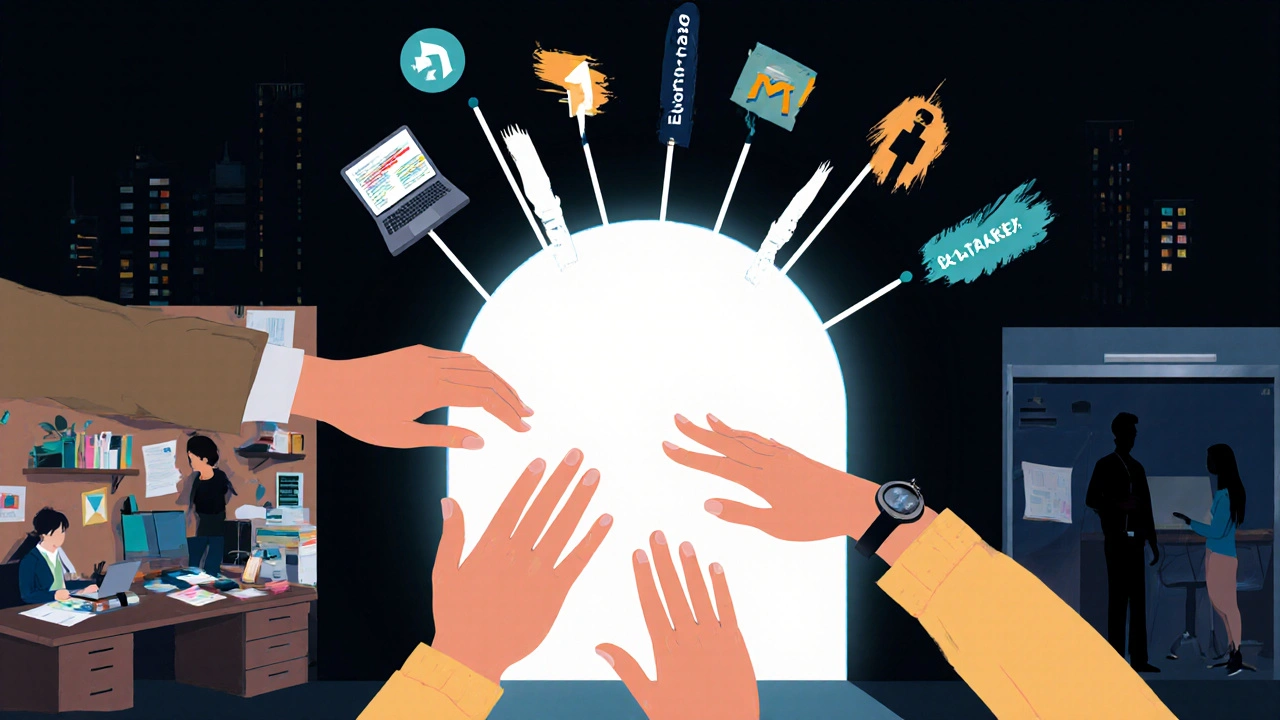 Три руки из разных жизней тянутся к цифровому порталу перемен.