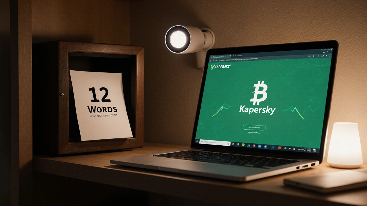 В деревянном сейфе — бумажка с ключом к биткоину, на экране подтверждение транзакции, в углу — камера безопасности.