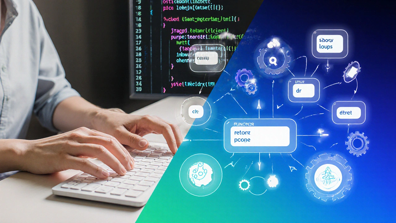 Абстрактная иллюстрация: переменные, циклы и функции как визуальные элементы кода.