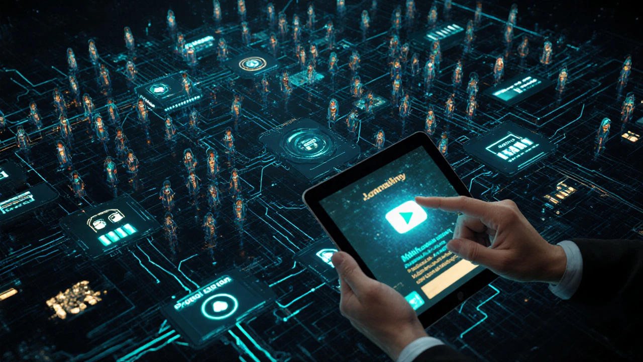 Абстрактная схема LMS-платформы с тысячами пользователей и потоками прогресса в виде света.