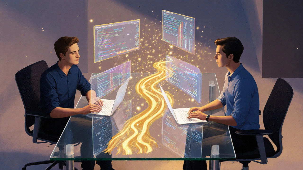 Аналитик и инженер данных визуализируют потоки данных через интерактивные дашборды в современном офисе.