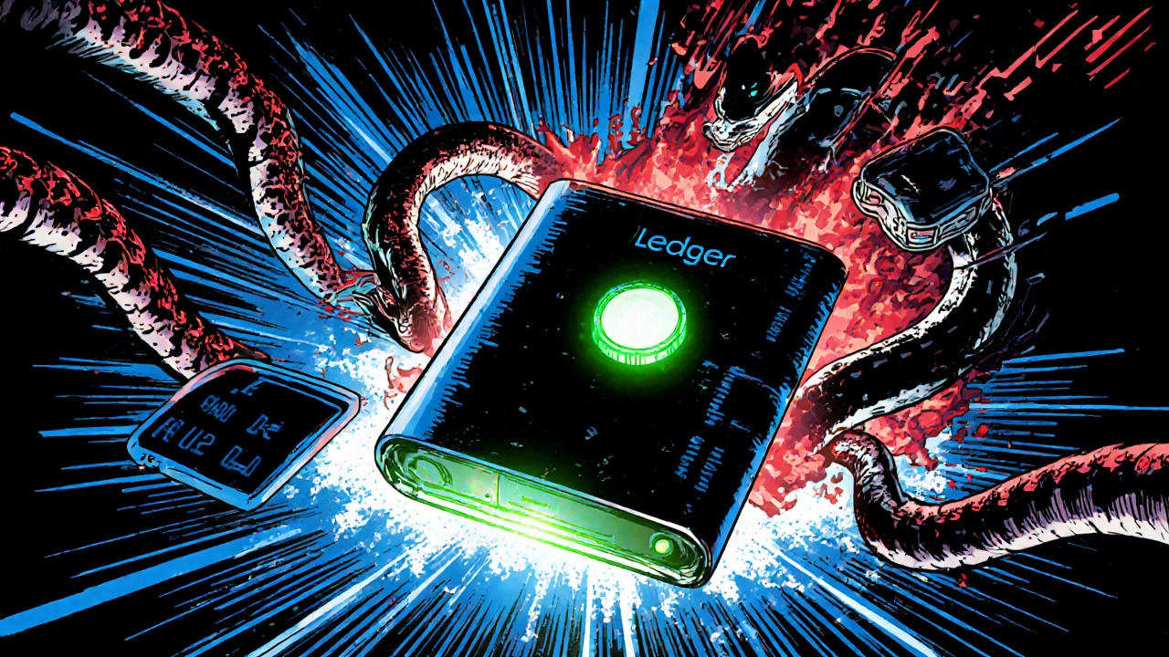 Боевая сцена в стиле комикса: аппаратный кошелек против киберзловредов, атакующих блокчейн.