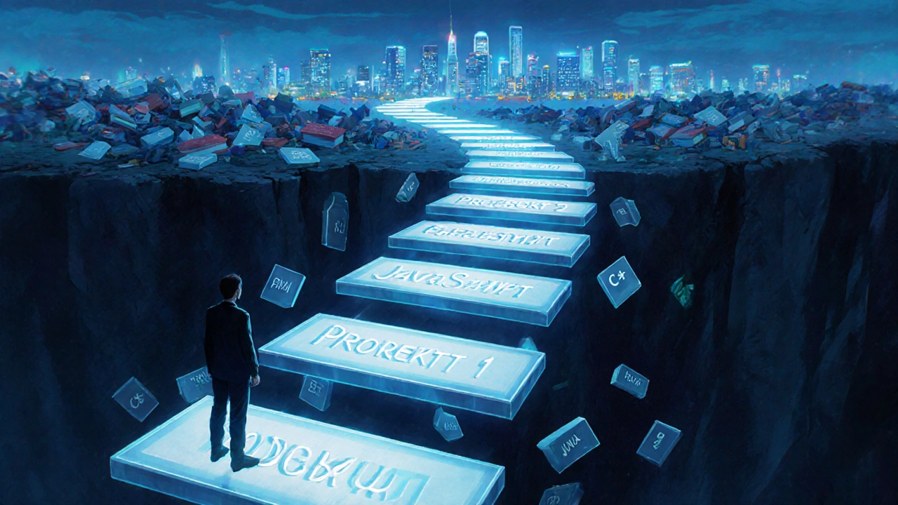 Человек на краю цифровой пропасти, идущий по шагам проектов к карьере в IT