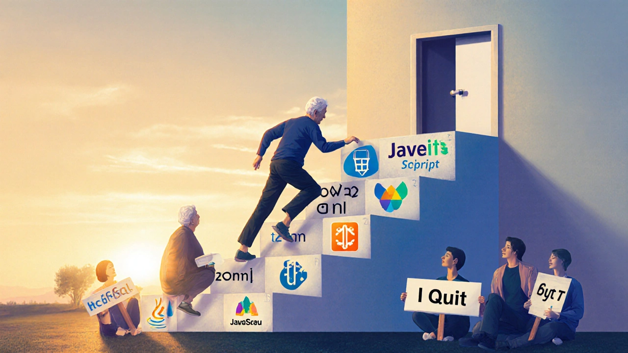 Человек поднимается по лестнице из кода к двери &#039;Первая IT-работа&#039;, символизируя путь без опыта.