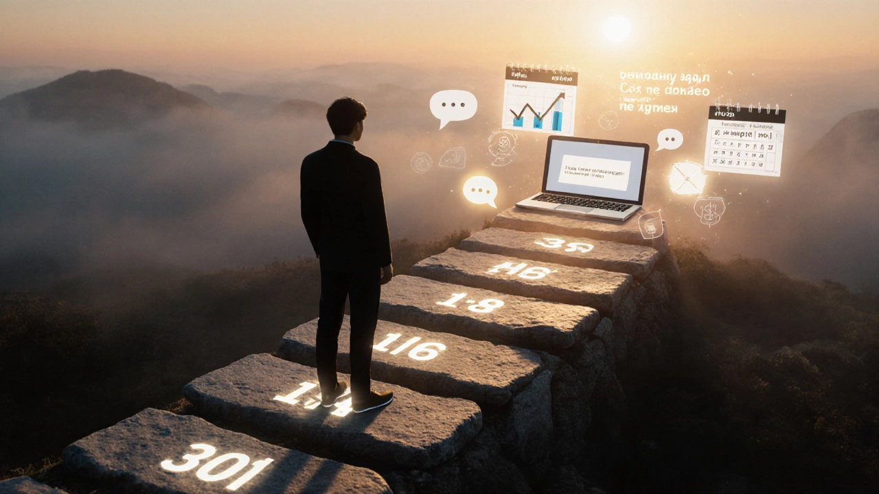 Человек шагает по дорожке из 30 камней, каждый — день пути к онлайн-работе, впереди — свет и возможности.