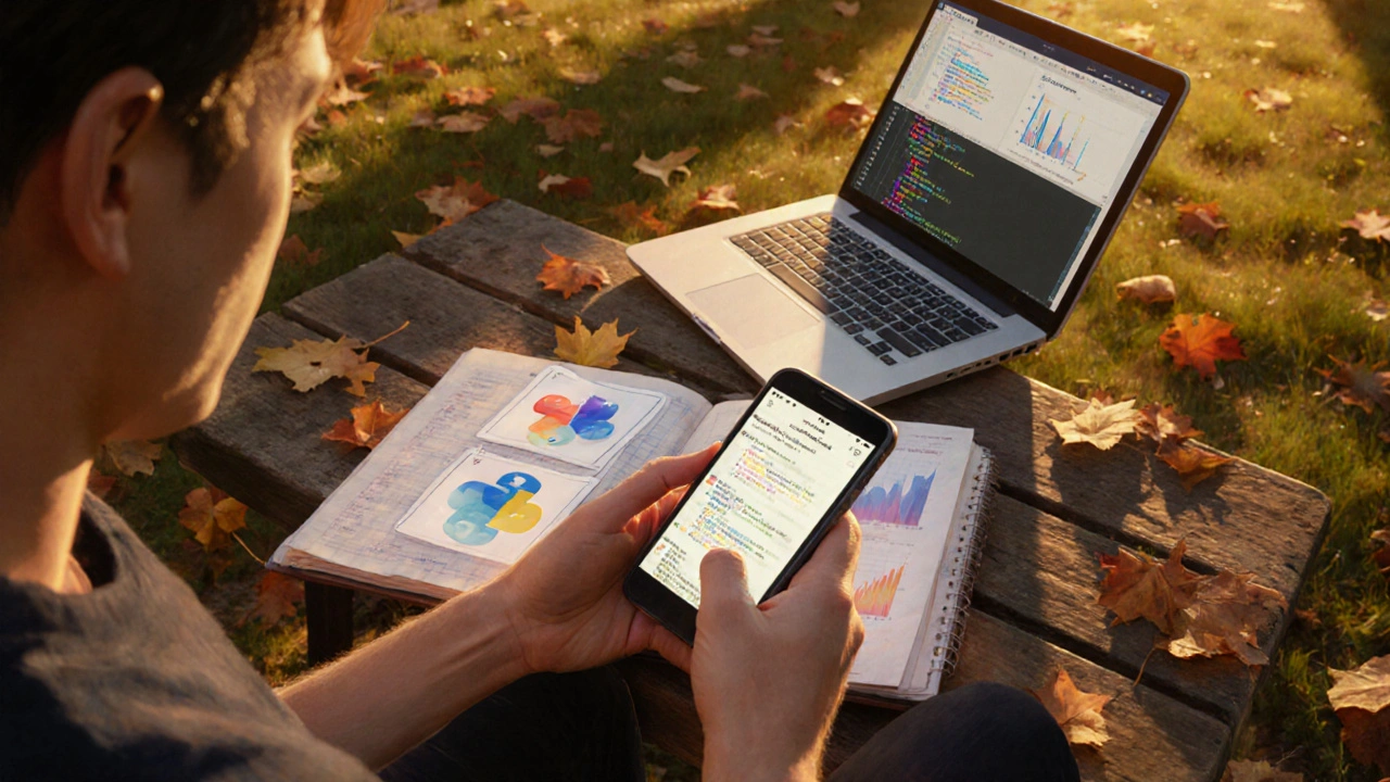 Человек учится в парке: телефон с уроком, ноутбук с кодом, осенние листья вокруг.