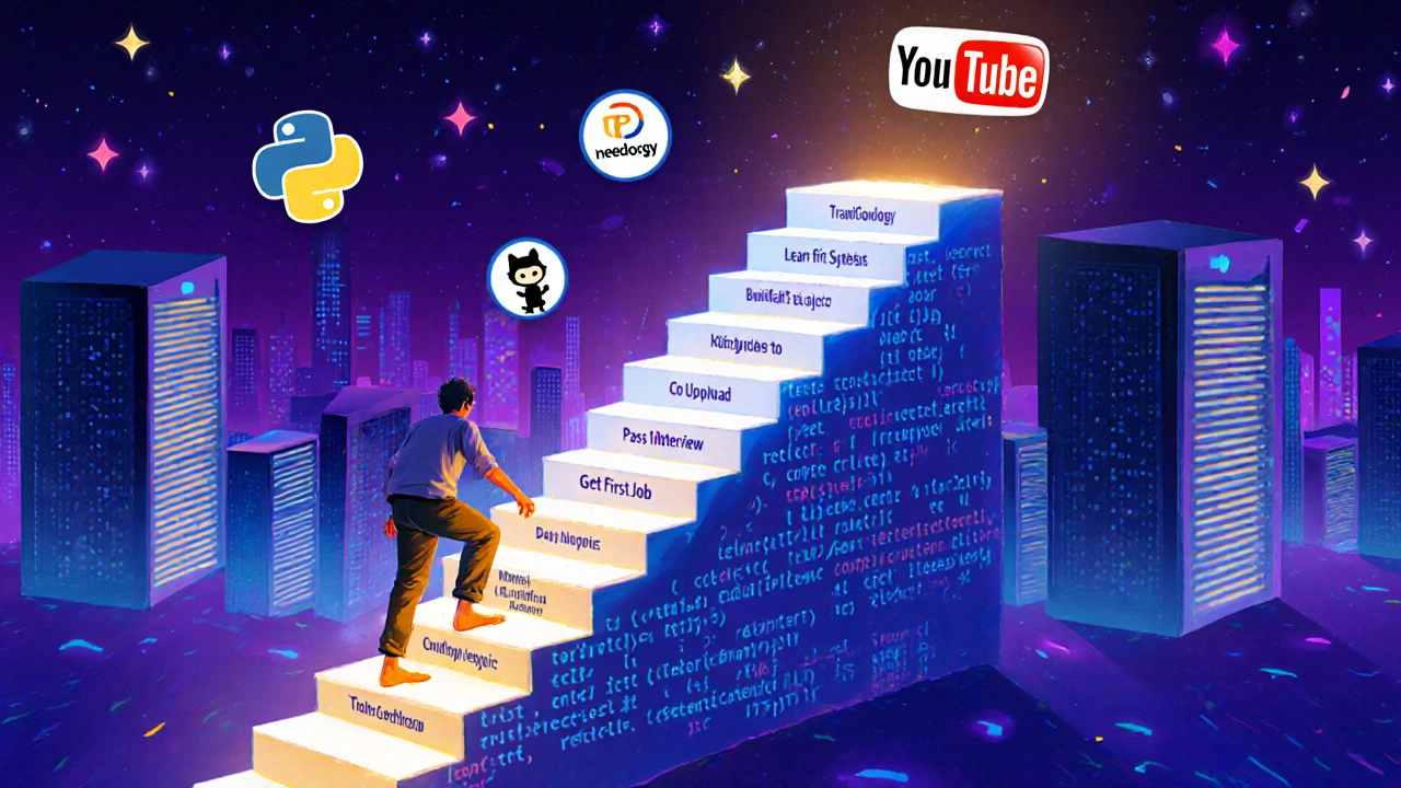 Дорога из светящихся шагов ведет к городу из кода, человек поднимается по ней, начиная с изучения Python и заканчивая первой работой.