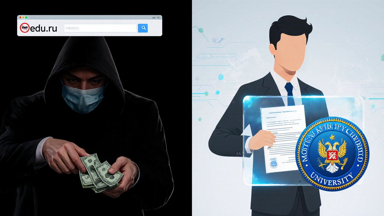 Два пути: мошенничество слева и легальное онлайн-образование справа с официальным логотипом.