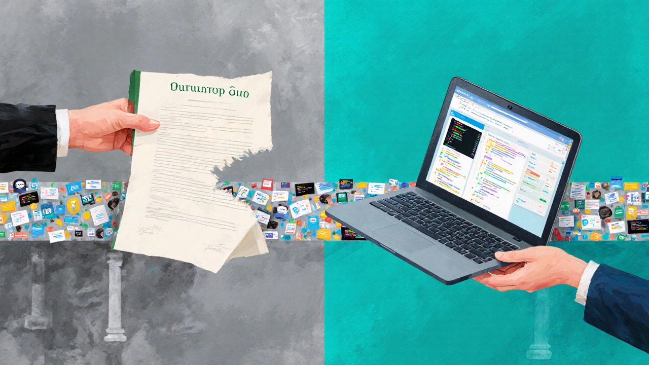 Две руки соединяются через мост из кода и проектов — одна держит диплом, другая — ноутбук с работающим приложением.