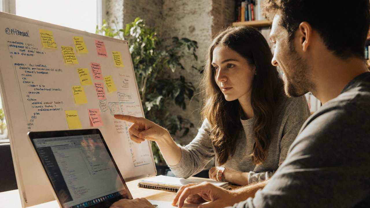 Небольшая группа учится вместе, работая над проектом за столом с заметками и ноутбуками.