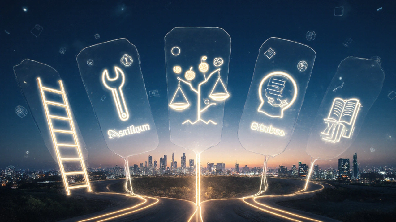 Пять путей к карьере в IT, каждый символизирует одну из топ-школ с уникальными визуальными метафорами.