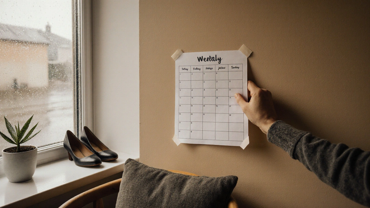 Расписание на стене, стул с подушкой и растение — символ дисциплины в дистанционном обучении.