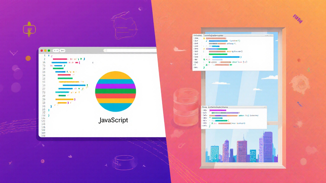 Разделённый экран: JavaScript в браузере меняет цвет кнопки, SQL-запросы создают диаграмму данных.