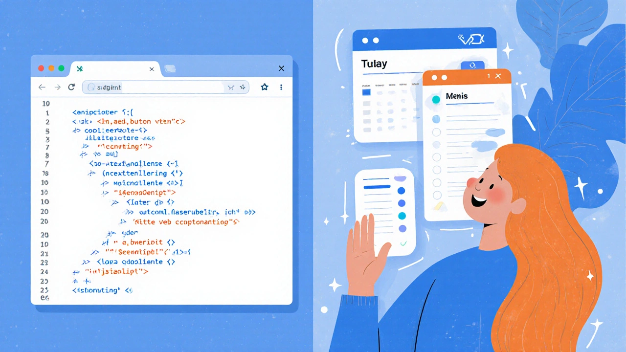 Разделённый экран: слева — JavaScript-код меняет цвет кнопки, справа — человек пользуется созданным календарём и списком дел.