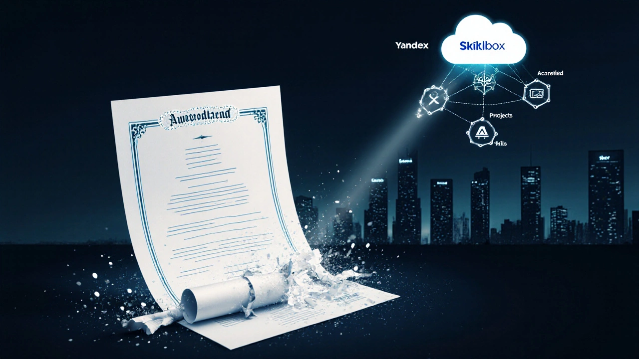 Разрушающийся фальшивый диплом превращается в цифровой сертификат с метками проверки и навыков.