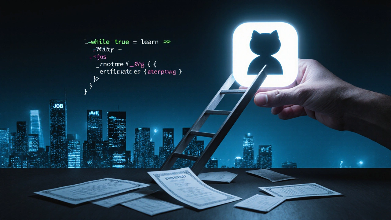 Репозиторий GitHub превращается в лестницу к карьере, а сертификаты лежат внизу.