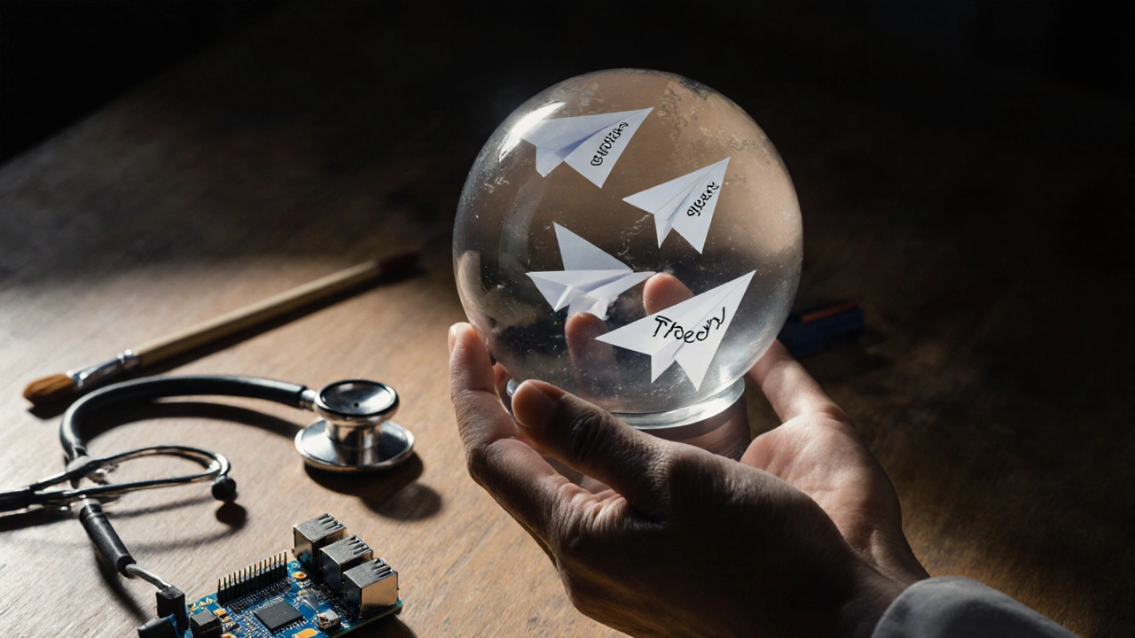 Рука держит хрупкий шар с теорией, рядом лежат реальные инструменты, которые не используются.