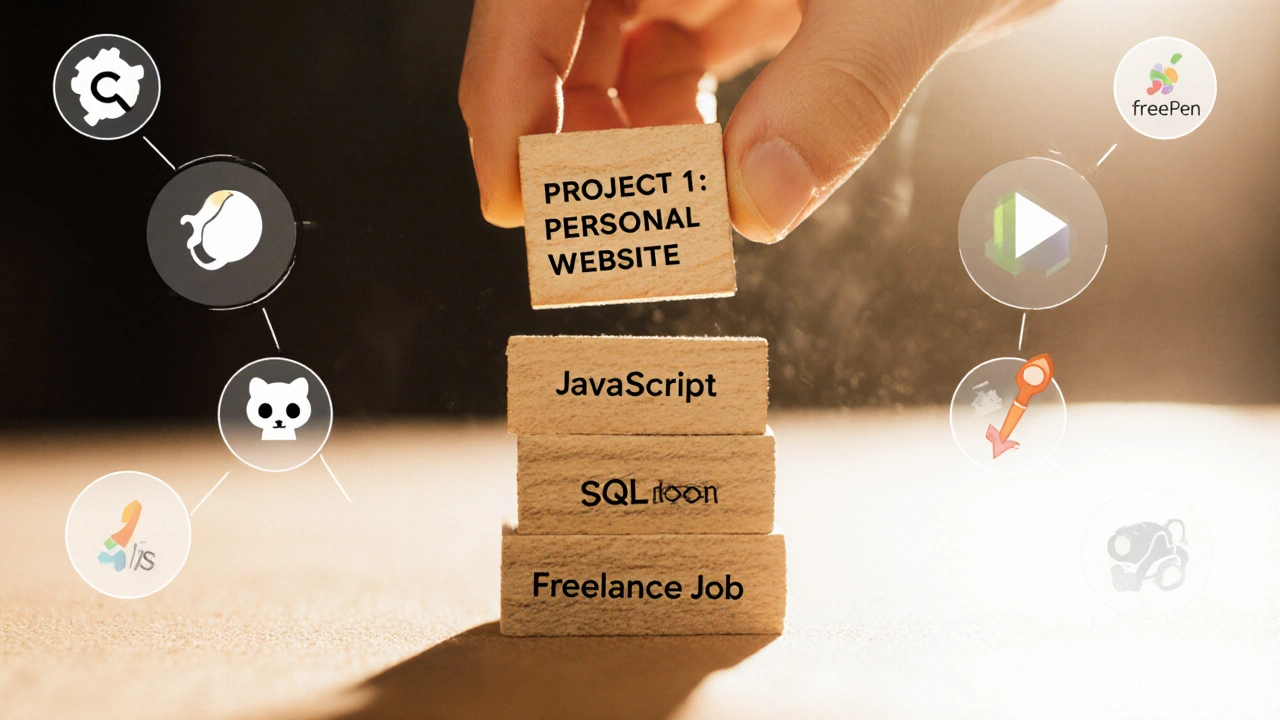 Рука кладет блоки с названиями навыков и проектов в стопку, символизируя постепенное развитие в IT.