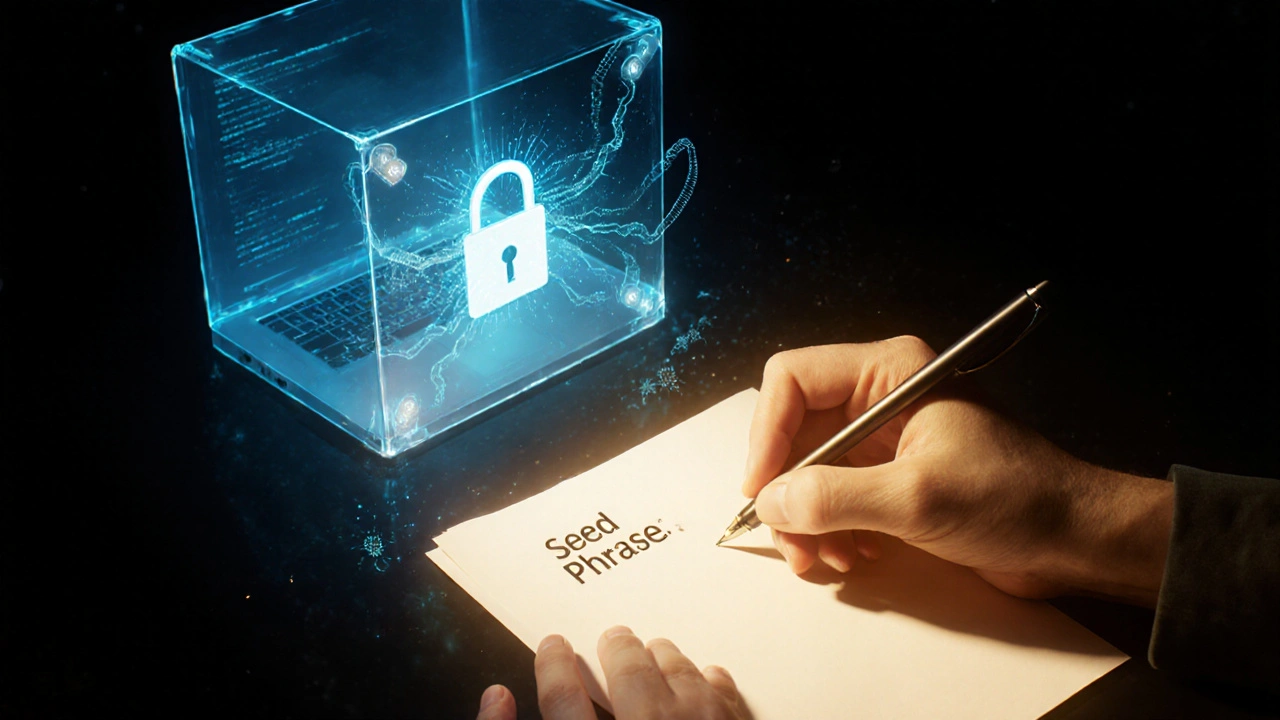 Рука пишет фразу-семя на бумаге, защищенной стеклянным куполом, в то время как вирусы пытаются добраться до нее.