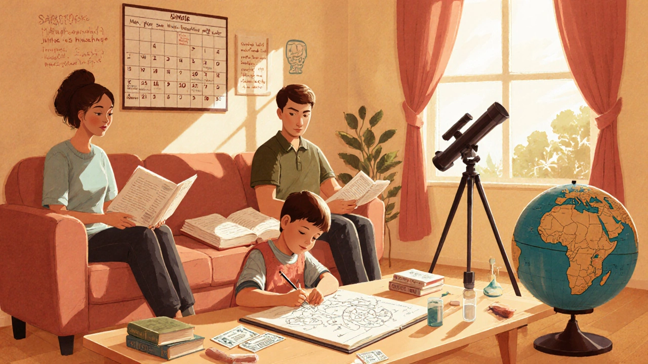 Семья занимается домашним обучением с книгами, научными принадлежностями и планом на стене.