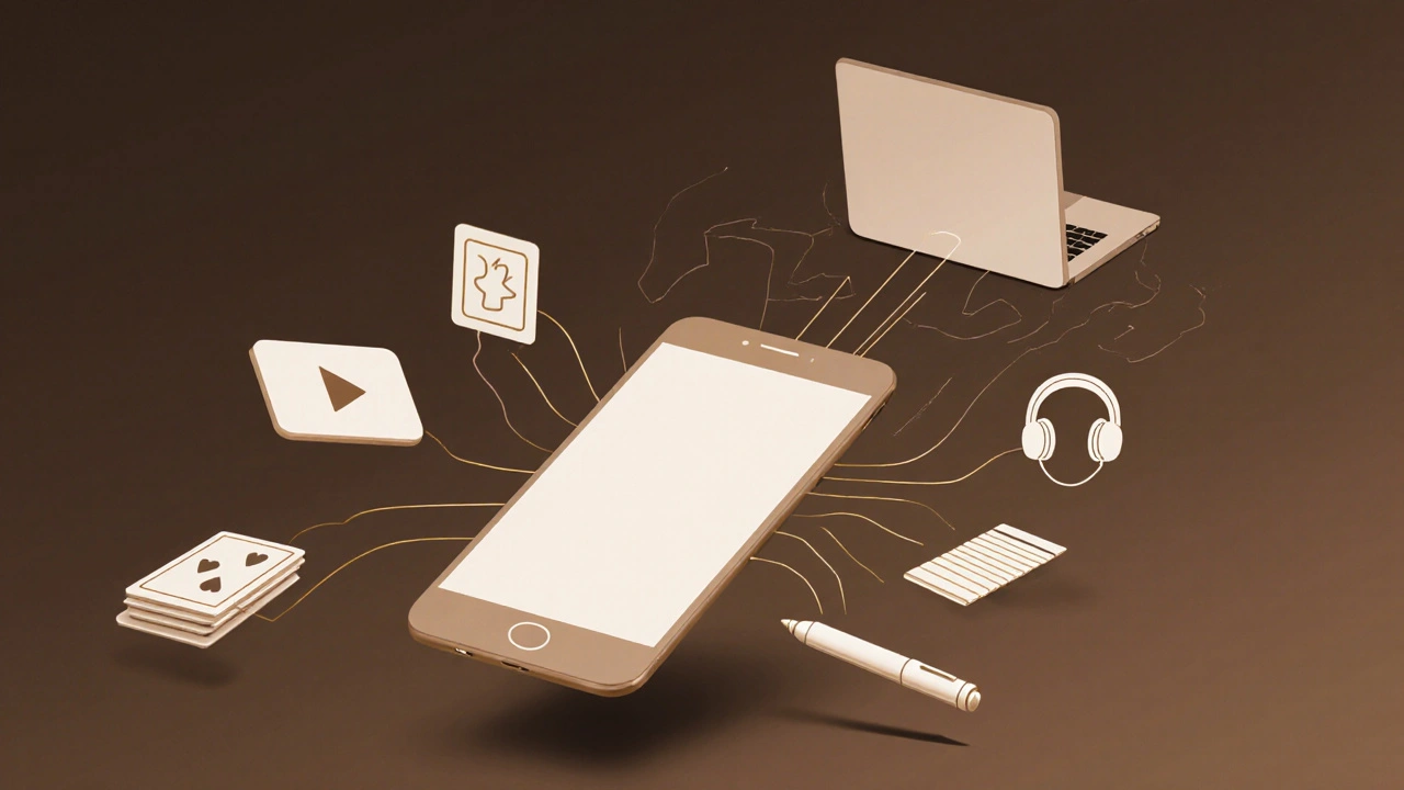 Смартфон с иконками обучения, парящий над ноутбуком, символизирующий гибридный подход к обучению.