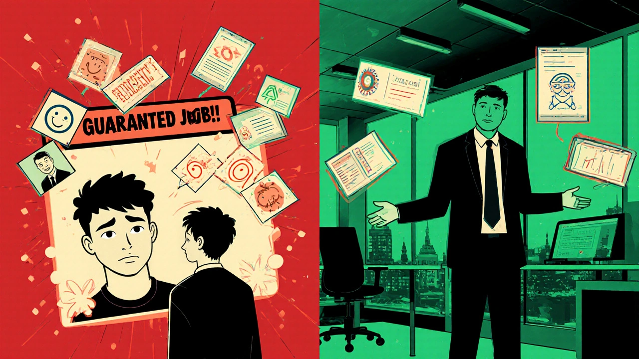 Сравнение фальшивого обещания работы и реального собеседования в IT-компании в стиле комикса.