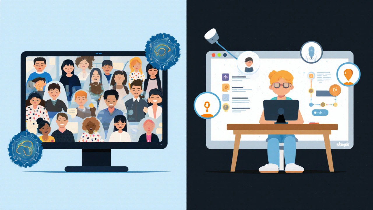 Сравнение: переполненный виртуальный класс и одинокий ученик, прогрессирующий по онлайн-курсу.