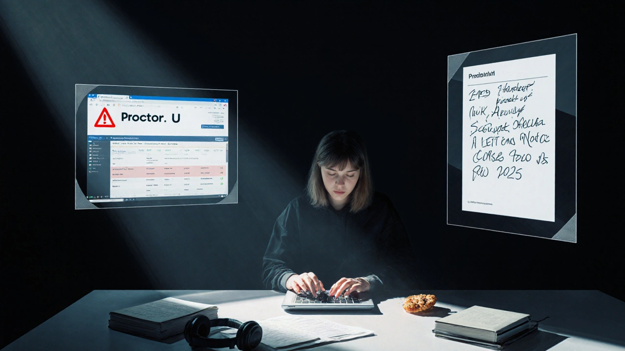 Студент пишет исследование, вокруг него — цифровые панели с системами контроля, экзаменом и анализом текста.