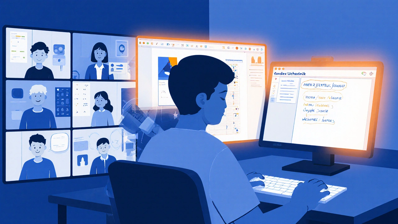 Студент участвует в онлайн-уроке, одновременно решает интерактивные задачи и смотрит веб-панель с тестом.