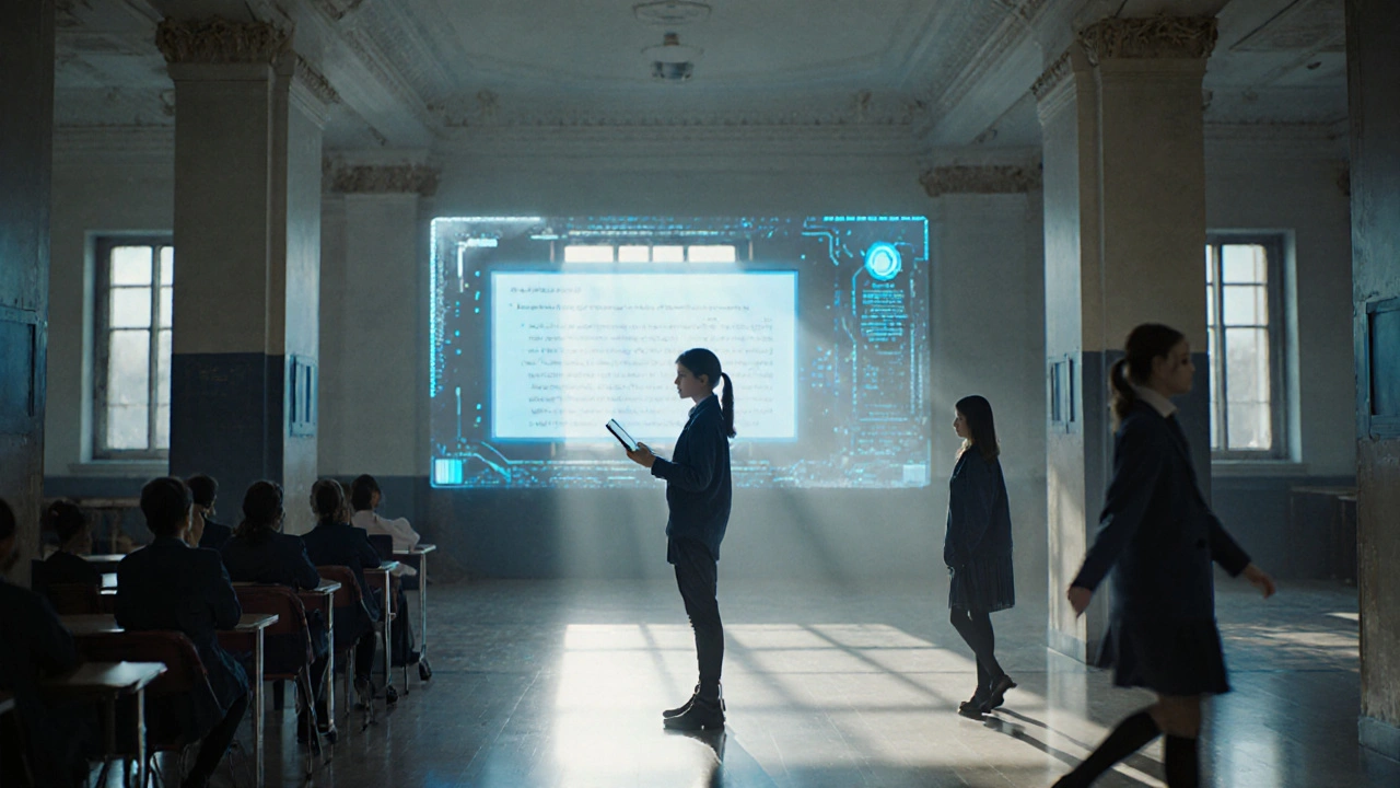 Студент в школе с голографическим онлайн-уроком, смешение физического и цифрового пространства обучения.