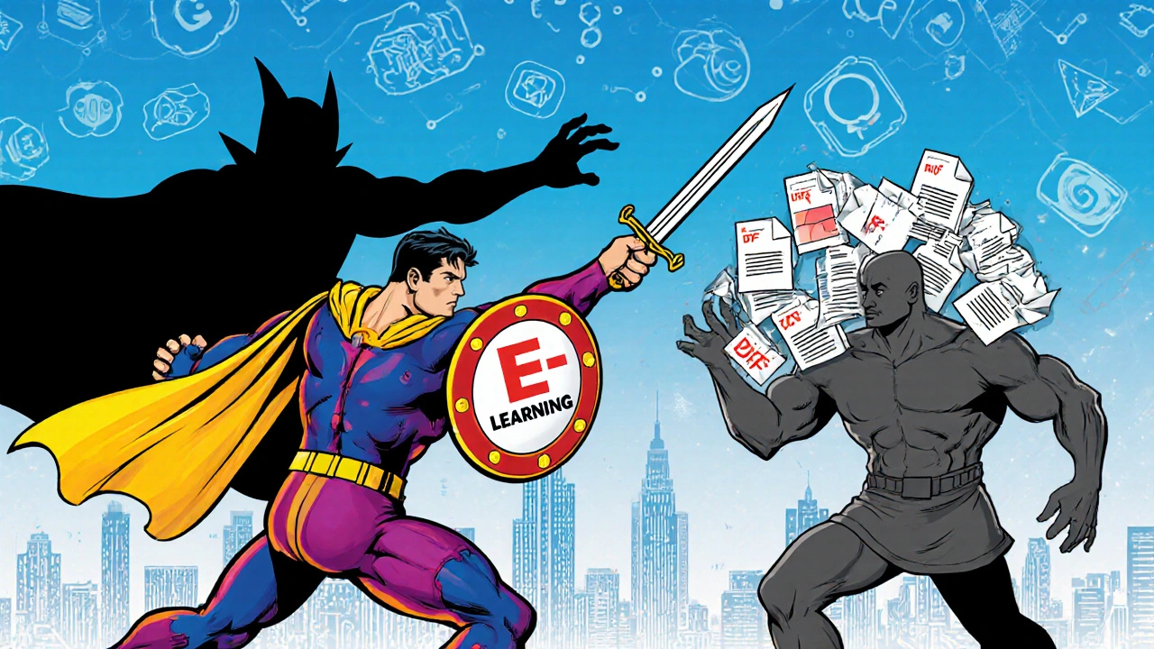 Супергерой e-learning сражается с тенью пассивного электронного обучения в стиле комикса.