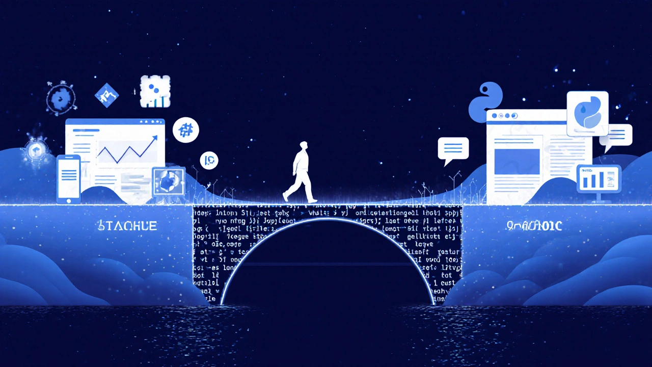 Светящийся мост из кода связывает мир данных и веб-приложений, по нему идёт человек — символ пути от новичка к профи.