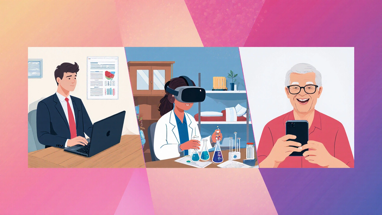 Три человека: сотрудник, студент с VR-очки и пожилой человек — все учатся через цифровые устройства.