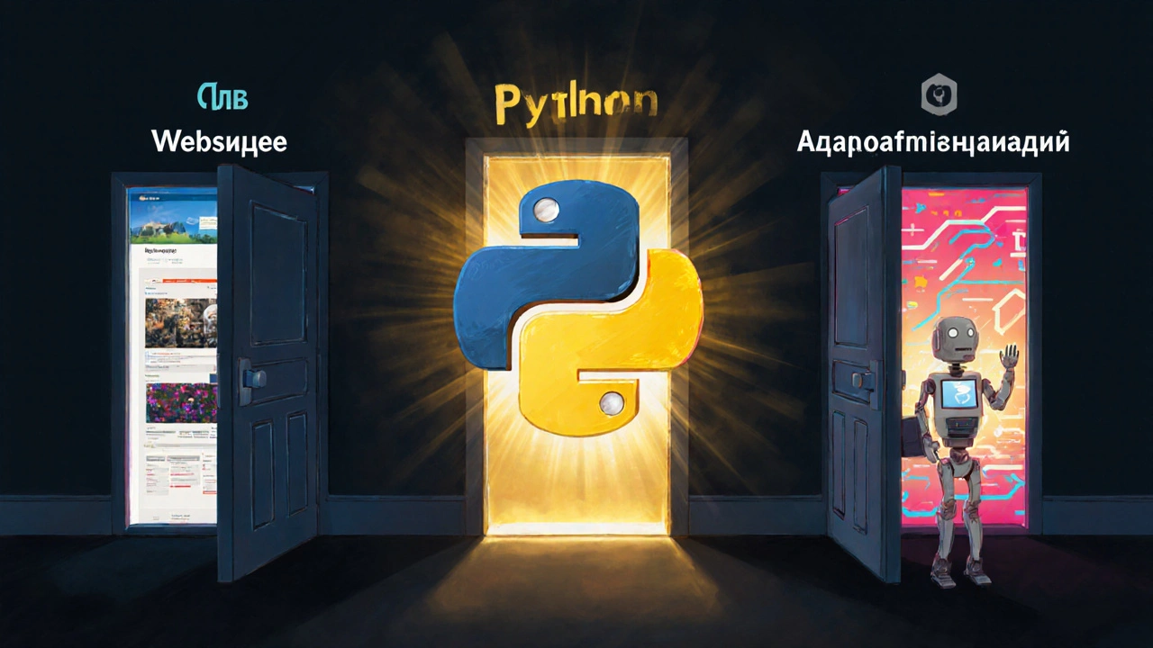 Три двери с направлениями веба, данных и автоматизации открываются из ключа Python, символизируя выбор пути.