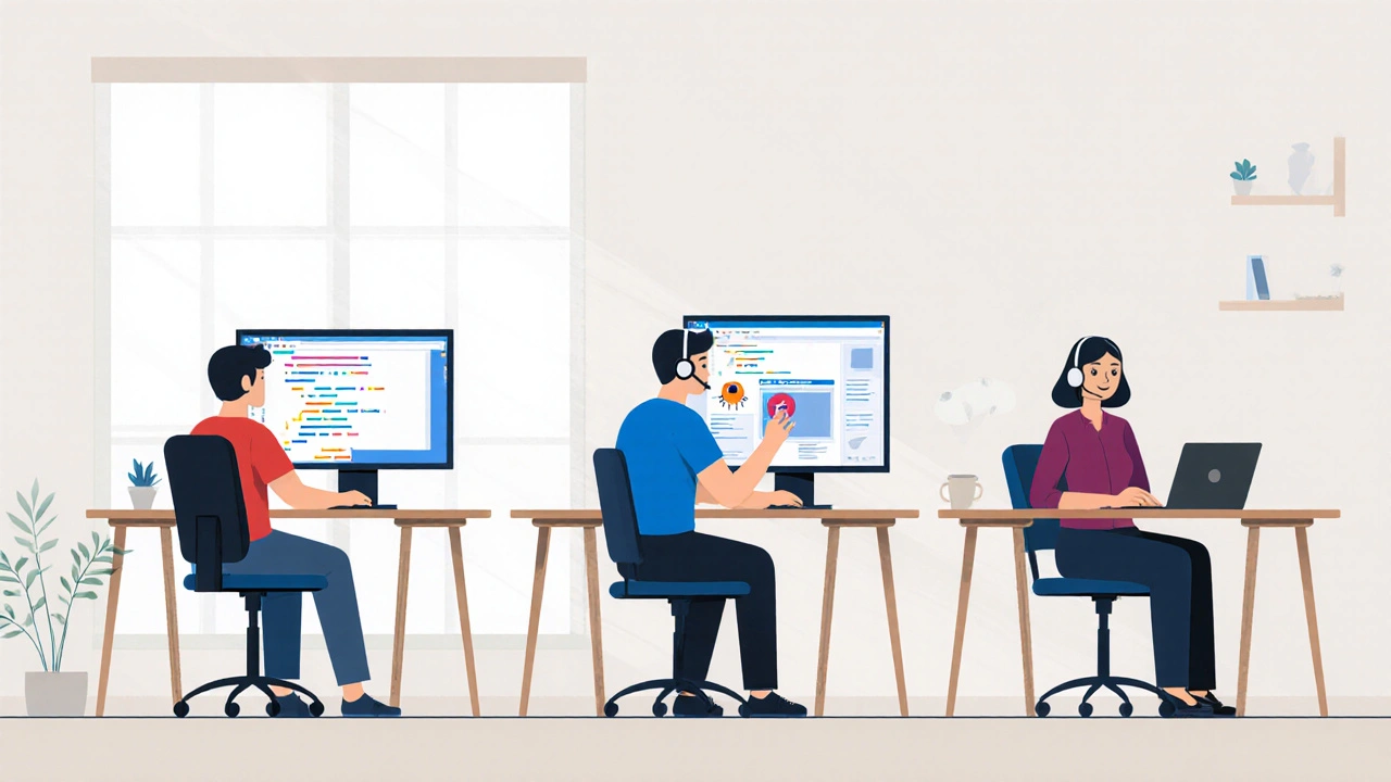 Три профессионала в IT: веб-разработчик, тестировщик и специалист поддержки, каждый за своим рабочим местом.