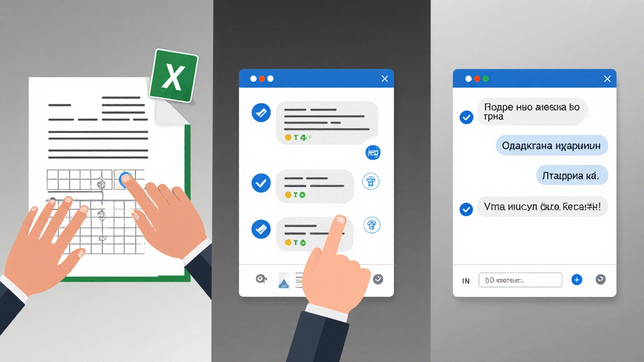 Три сцены онлайн-работы: ввод данных, модерация комментариев и чат-поддержка, изображены в простой иллюстративной манере.
