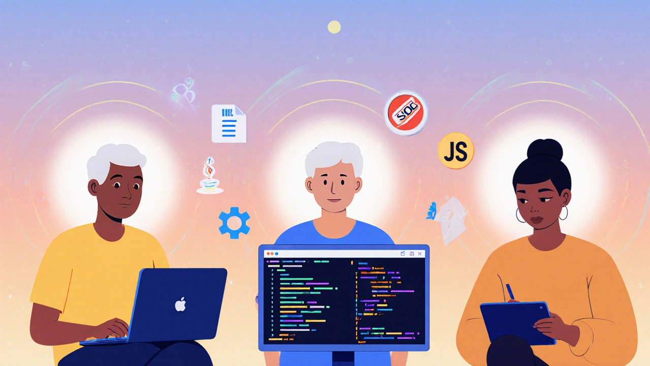 Три взрослых человека занимаются разными IT-направлениями: кодингом, анализом данных и тестированием.